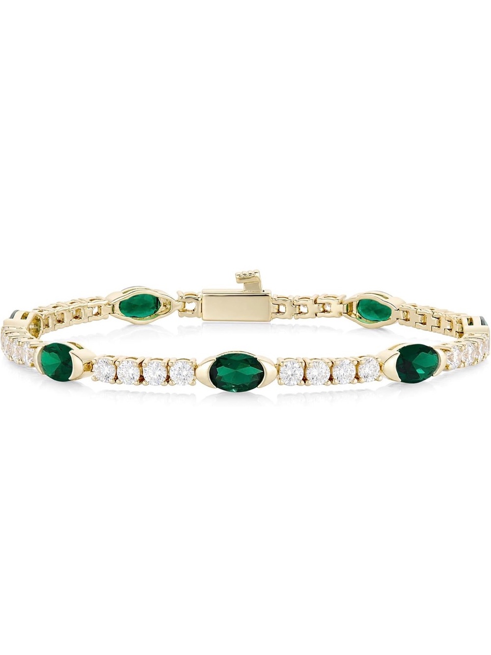 Gold-Plated Tennis Bracelet with Emerald Green Stones and Clear CZ Crystals